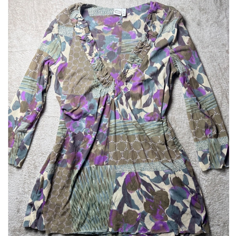 Johnny‎ Heaven Womens Purple Green Patchwork Floral Mesh Ruffle V-Neck Top Large